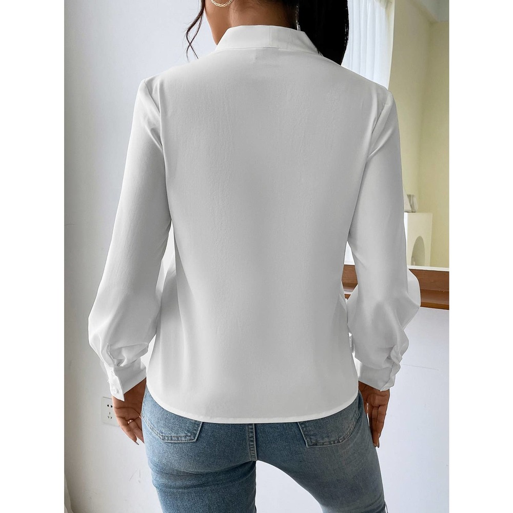 Long sleeve draped v neck Solid Bishop Sleeve Blouse brown - Picture 6 of 8